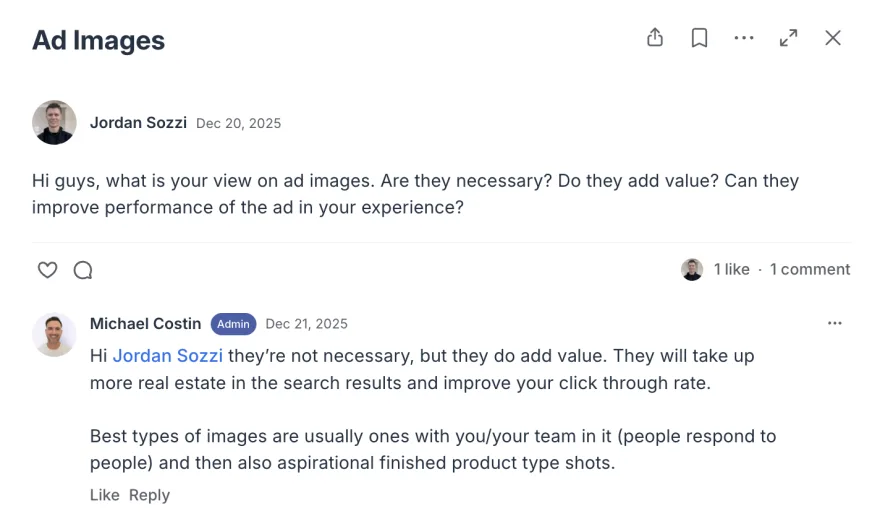 Discussion thread example — ad creative question answered by Michael Costin