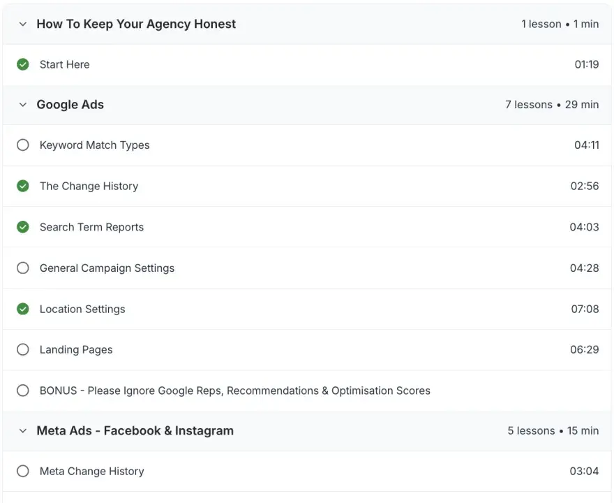 Keep Your Agency Honest course modules — Google Ads, Meta Ads, SEO
