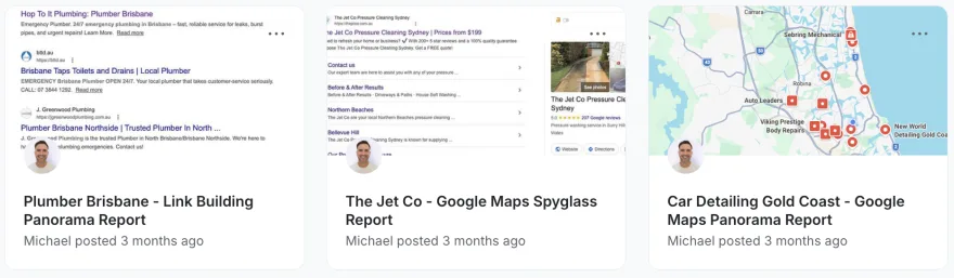 Scout report examples — Plumber Brisbane Link Building, The Jet Co Google Maps Spyglass, Car Detailing Gold Coast Panorama Report
